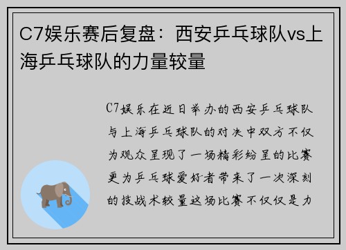 C7娱乐赛后复盘：西安乒乓球队vs上海乒乓球队的力量较量